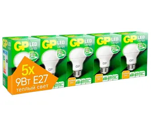 Лампочки светодиодные GP Е27 LED, теплый свет, 9 Вт, груша, 2700 K, 806 Лм, набор 5 шт (цена с ozon картой)