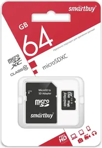 Карта памяти Smartbuy microSDXC 64 ГБ скорость 17 и 20 МБ/с (SB64GBSDCL10-01LE) с картой OZON