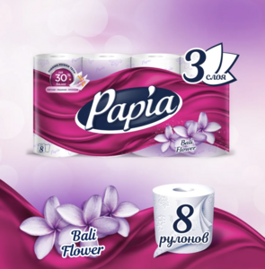 Cкидка 15% на туалетную бумагу, например  Papia "Балийский цветок", 3 слоя, 8 рулонов