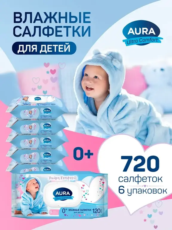 Детские влажные салфетки Aura, 720 шт (с ВБ кошельком)