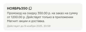 Промокод 350/1200₽ (действует в приложении Магнит)