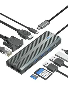 10-в-1 Док-станция SANZANG USB-C Hub с питанием 100W, 4K HDMI, VGA, USB 3.0, Gigabit Ethernet, разъемом PD и для карт памяти (с картой OZON, из-за рубежа)