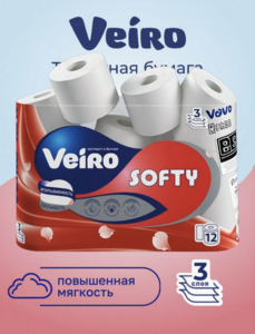Бумага туалетная Veiro Softy 3 слоя 12 рулонов (с ВБ кошельком)